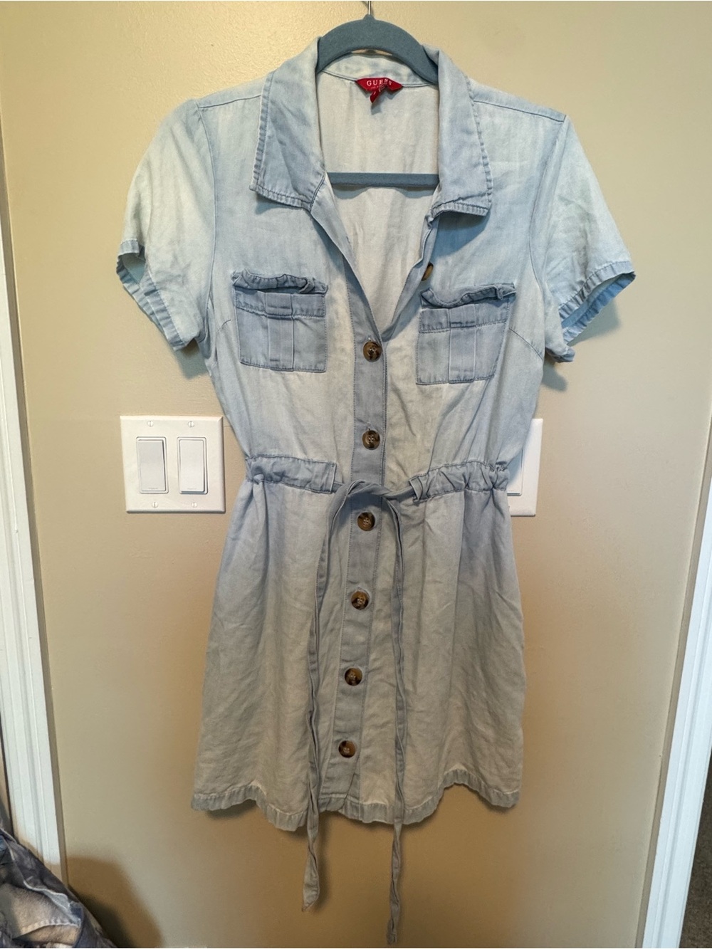 Guess Light Blue Denim Shirt Dress with Tie Waist